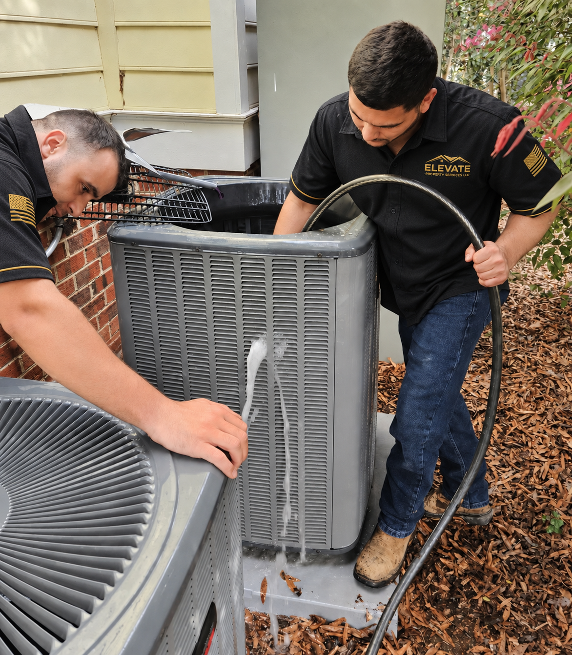Elevate technicians servicing residential air-conditioning equipment