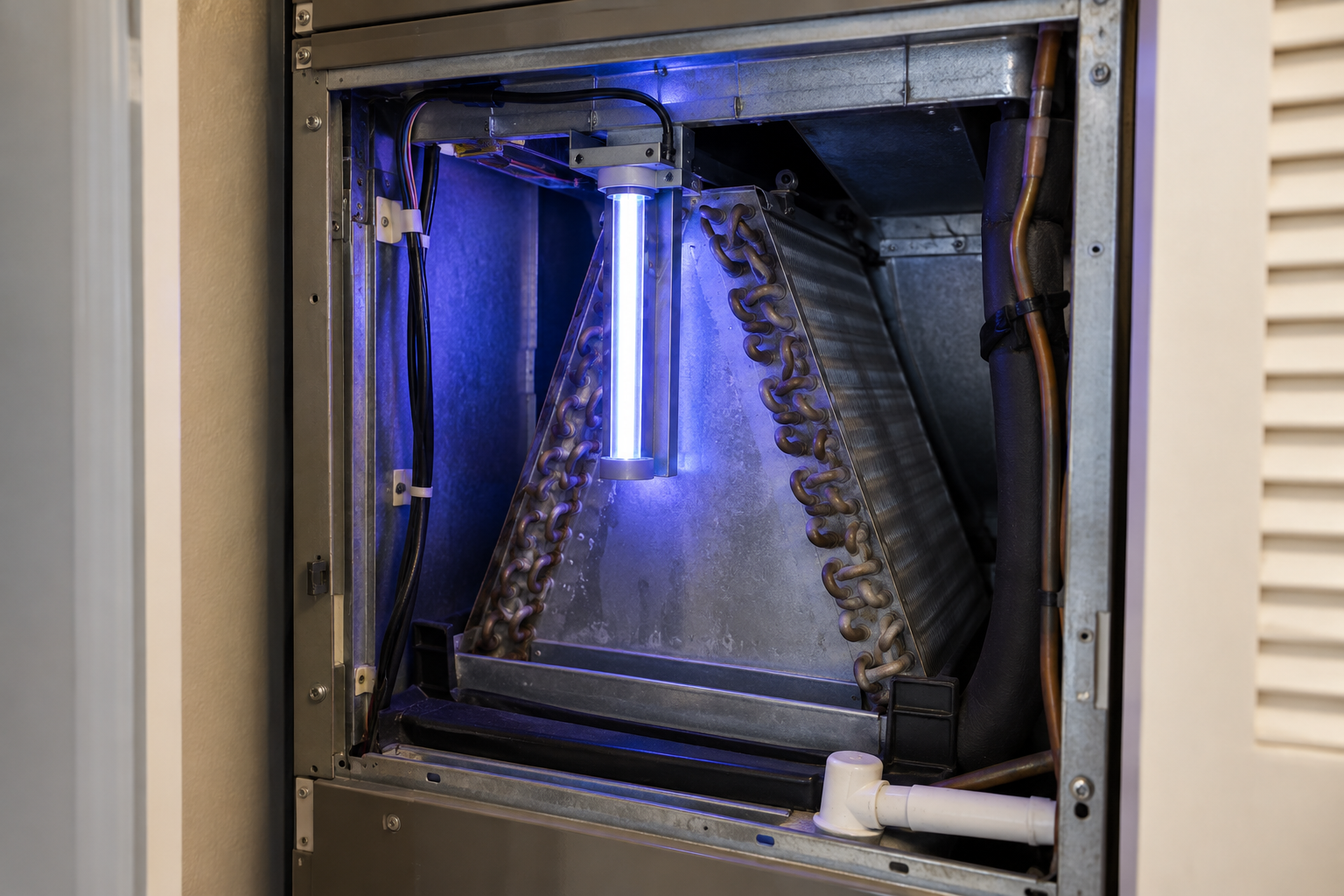 UV air purification light installed inside an air handler